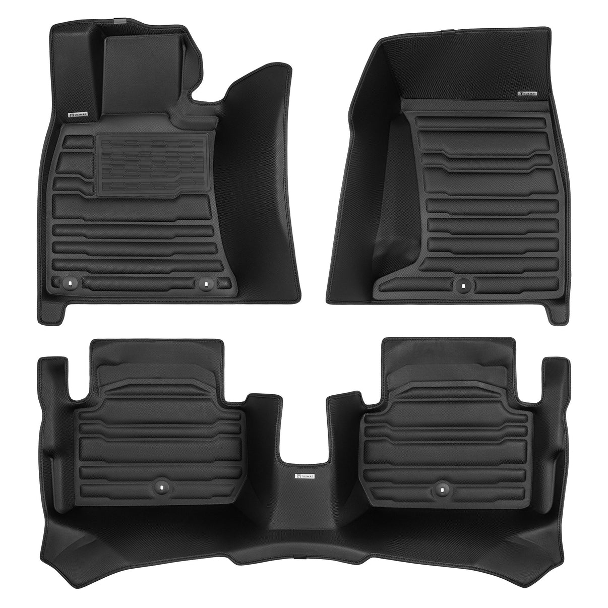 A set of black TuxMat car floor mats for Kia Stinger models.