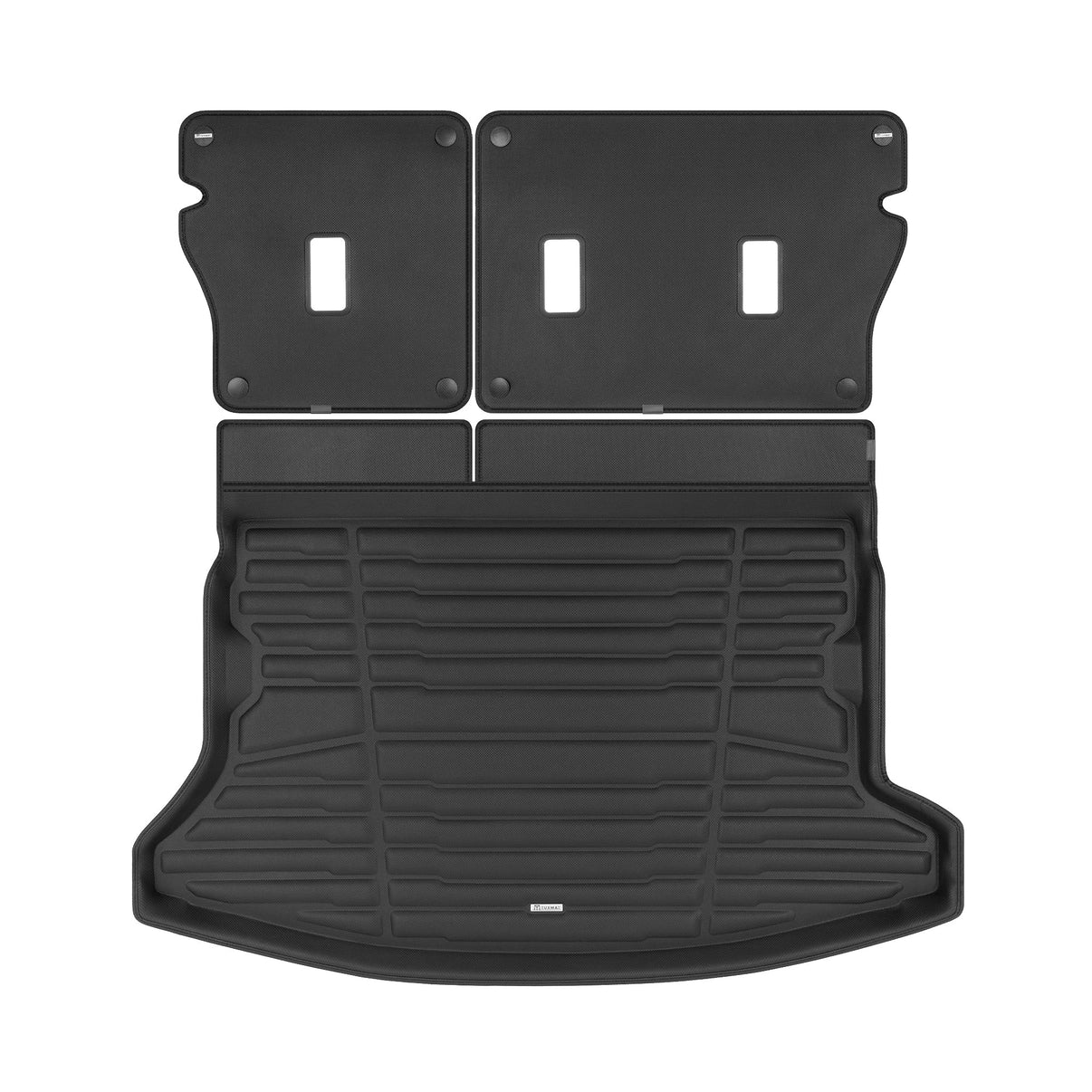 A set of black TuxMat trunk mats for Subaru Impreza models.