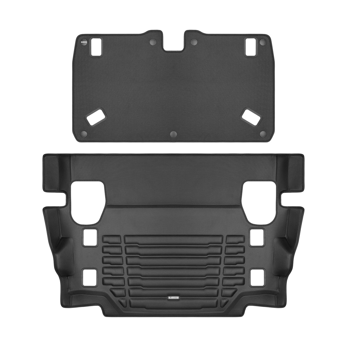 A set of black TuxMat trunk mats for Jeep Wrangler models.