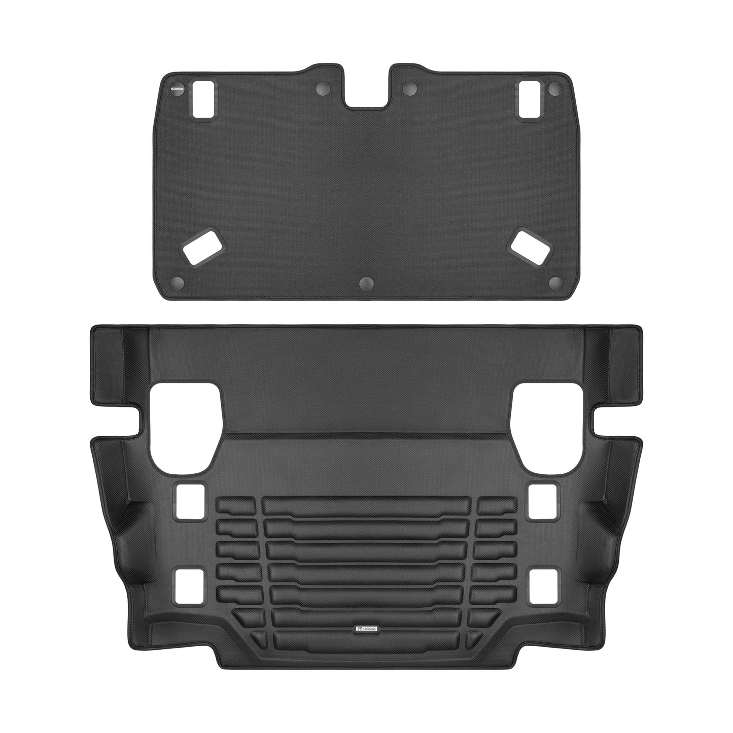 A set of black TuxMat trunk mats for Jeep Wrangler models.
