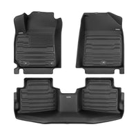 A set of black TuxMat car floor mats for Kia Seltos models.