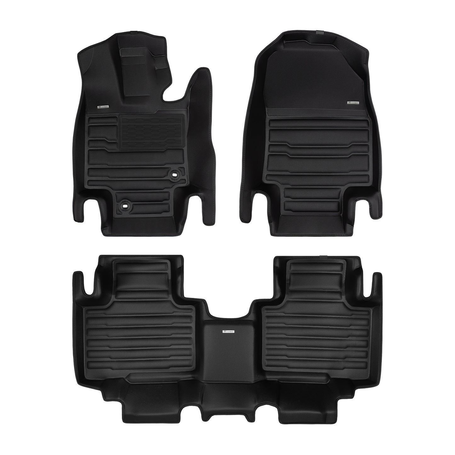 A set of black TuxMat car floor mats for Toyota Highlander models.