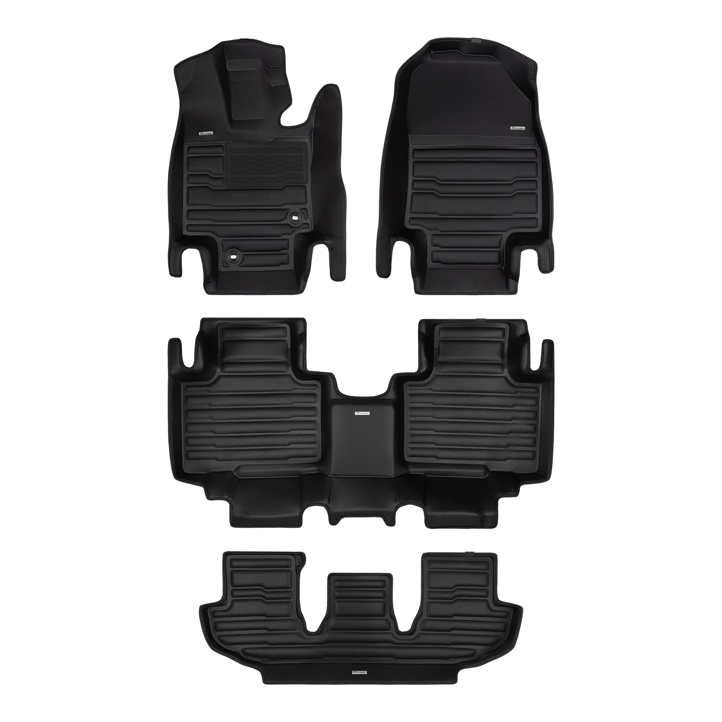 A set of black TuxMat car floor mats for Toyota Highlander models.