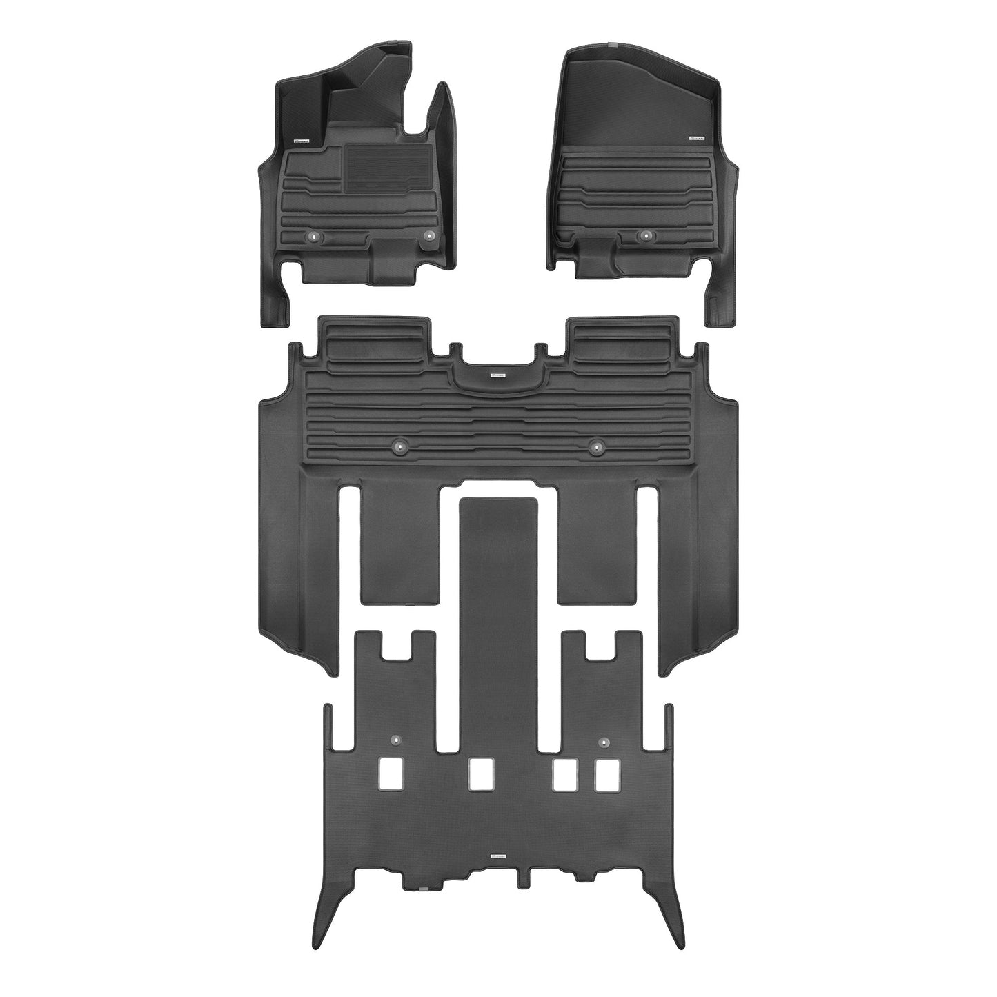 A set of black TuxMat car floor mats for Kia Carnival models.