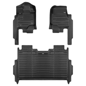 A set of black TuxMat car floor mats for Ford F150 models.