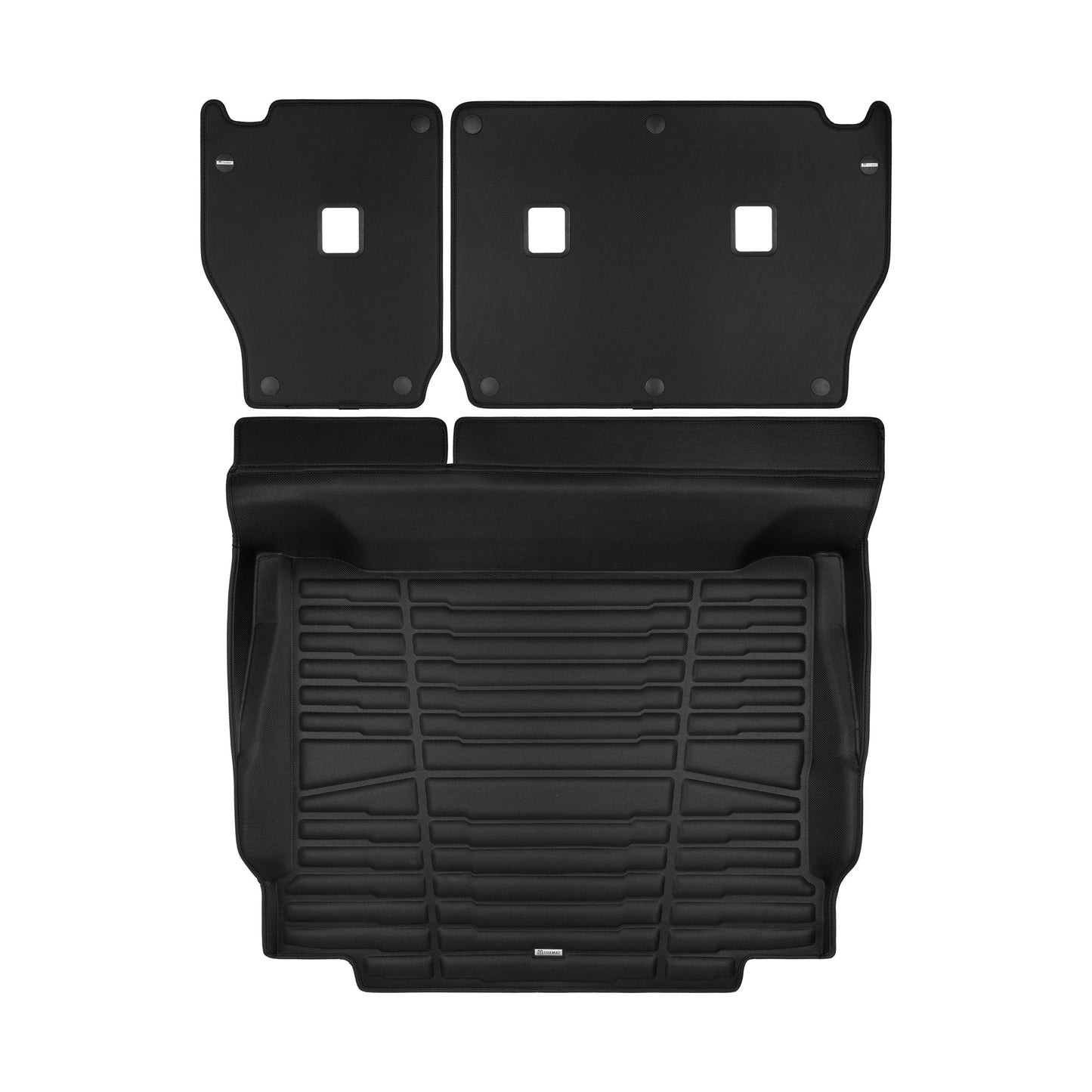 A set of black TuxMat trunk mats for Jeep Wrangler models.