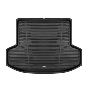 A set of black TuxMat trunk mats for Nissan Versa models.