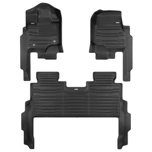 A set of black TuxMat car floor mats for Ford F150 models.