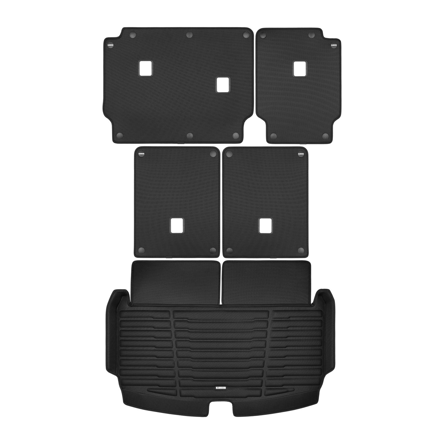 A set of black TuxMat trunk mats for Jeep Grand Cherokee L models.