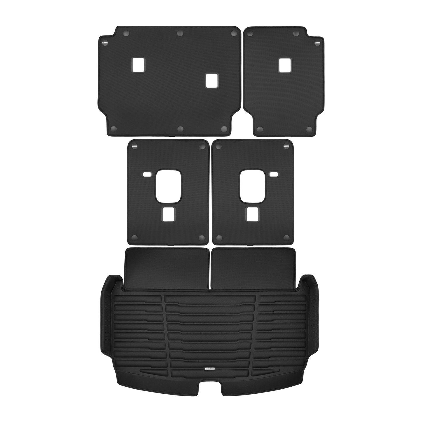 A set of black TuxMat trunk mats for Jeep Grand Cherokee L models.