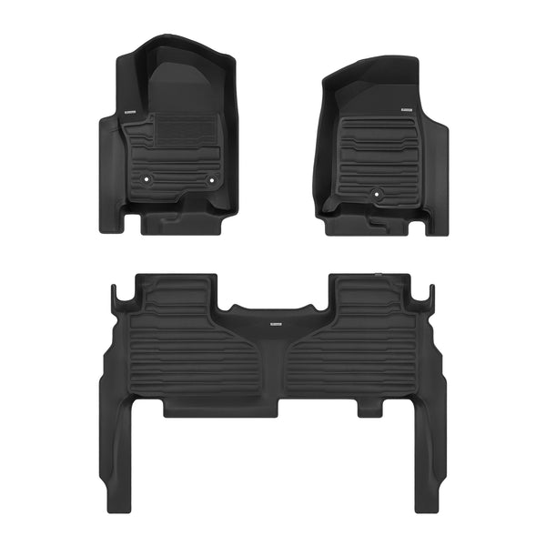 A set of black TuxMat car floor mats for Cadillac Escalade models.