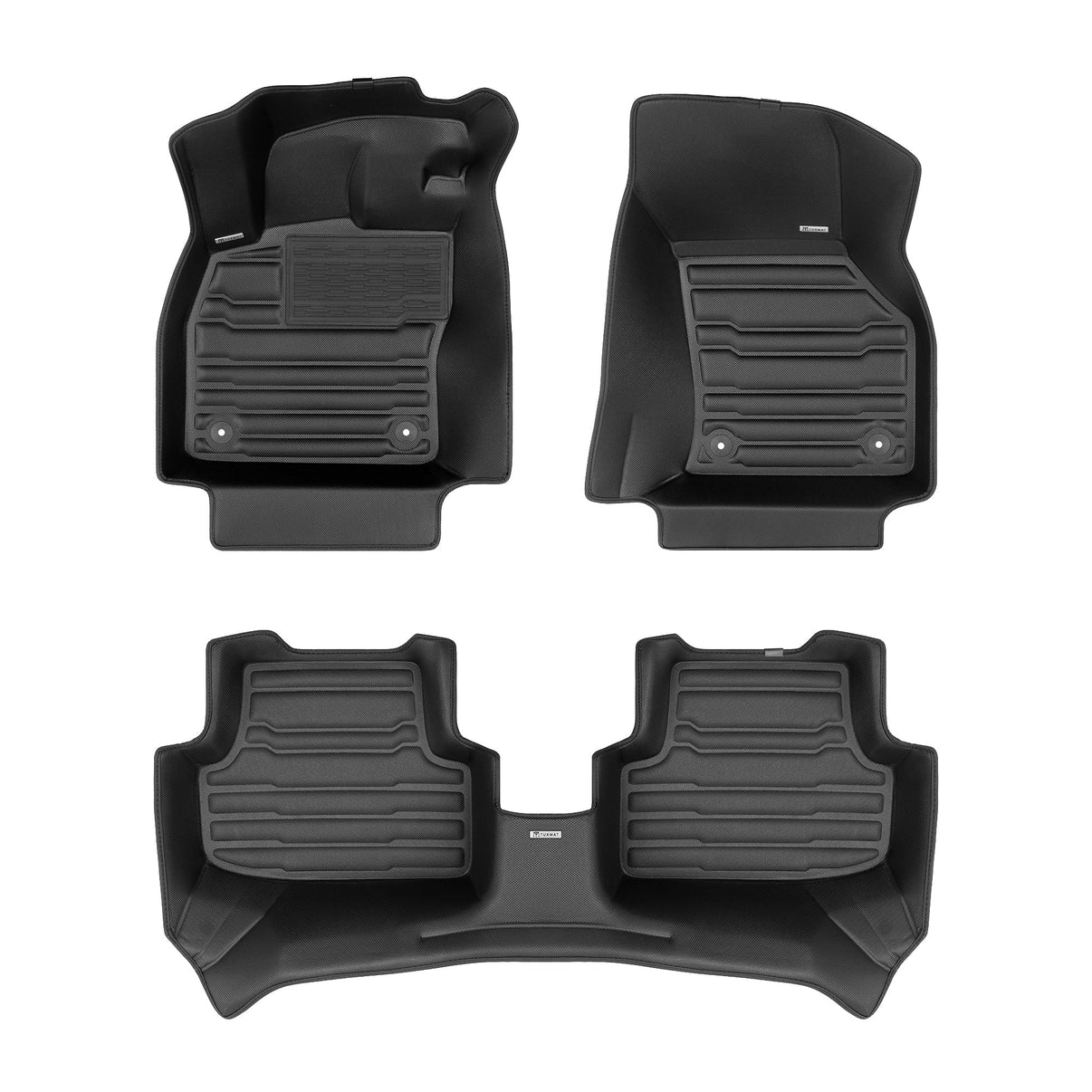 A set of black TuxMat car floor mats for Volkswagen Golf models.