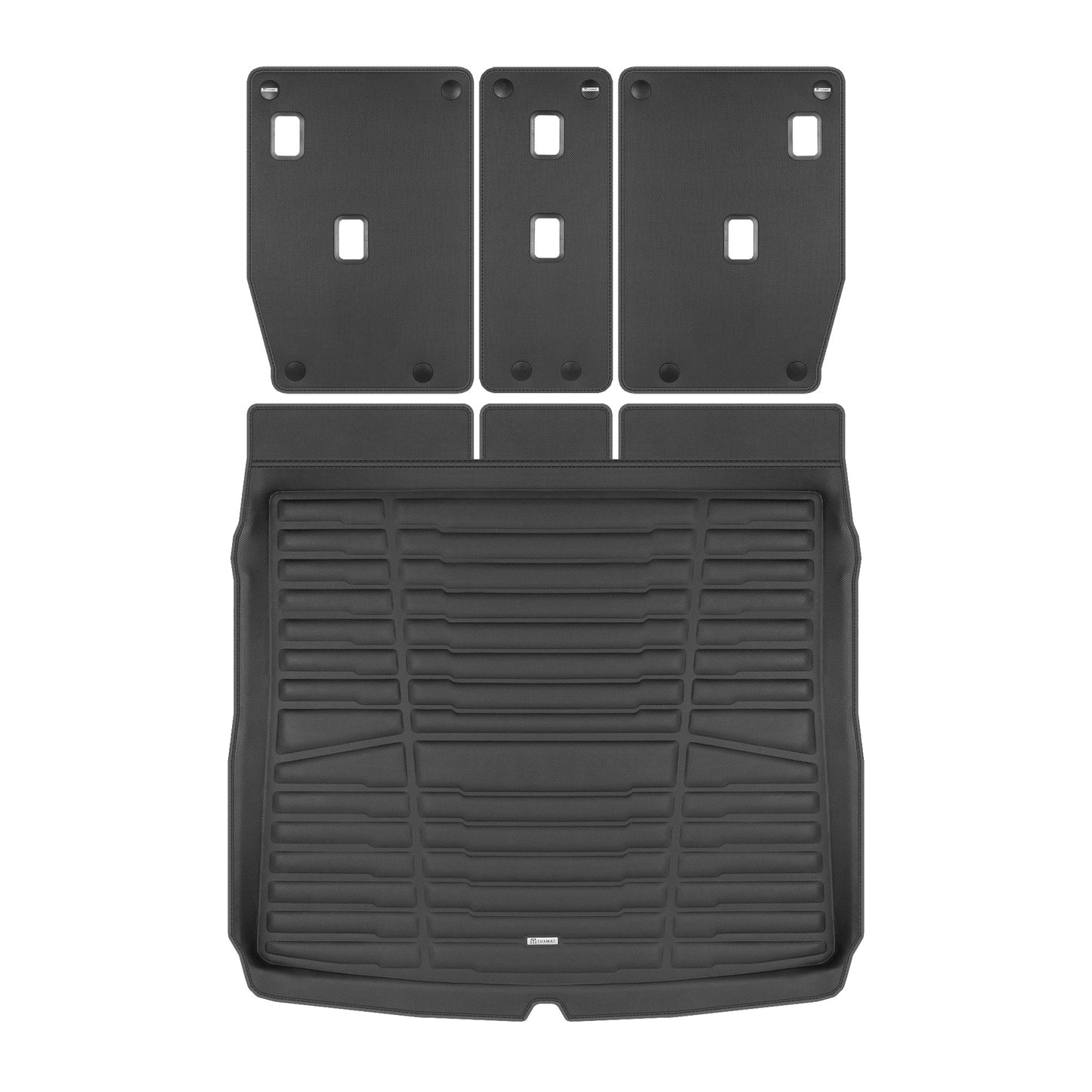 A set of black TuxMat trunk mats for BMW X1 models.