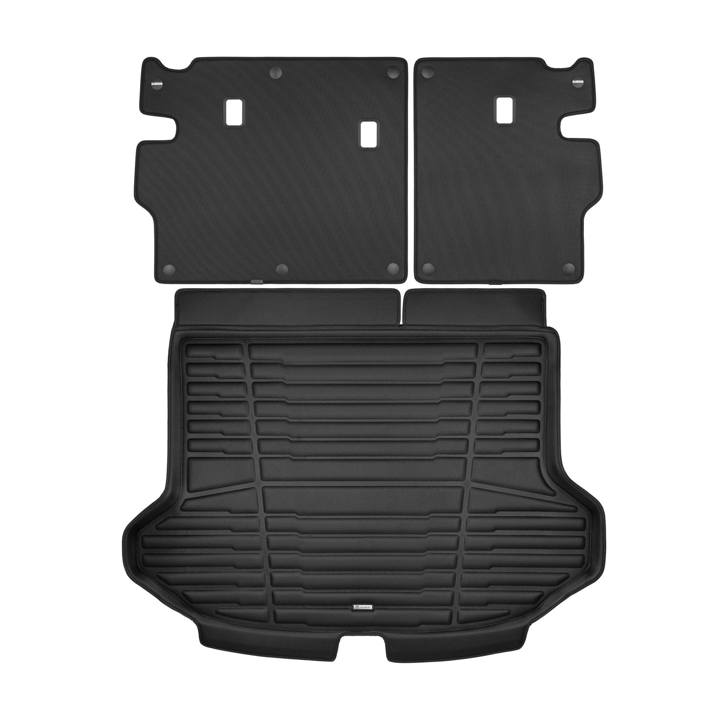 A set of black TuxMat trunk mats for Kia Seltos models.