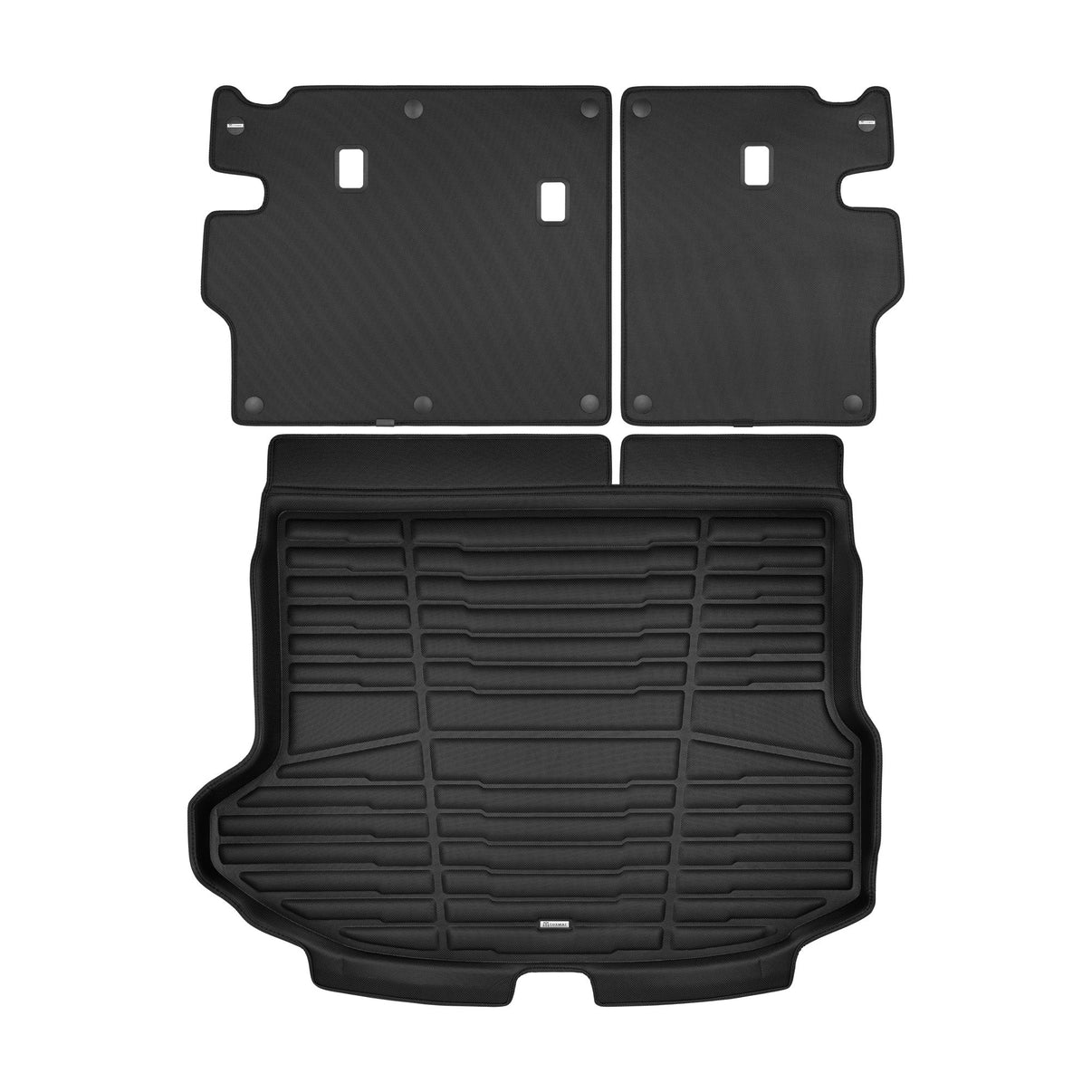 A set of black TuxMat trunk mats for Kia Seltos models.