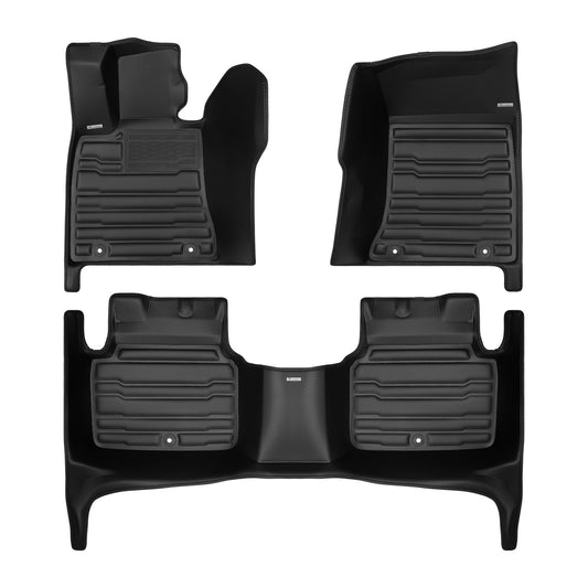 A set of black TuxMat car floor mats for Genesis G80 models.