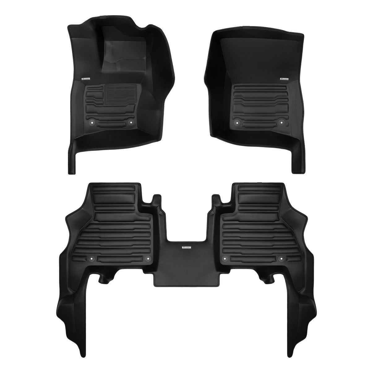 A set of black TuxMat car floor mats for Land Rover Defender 130 models.