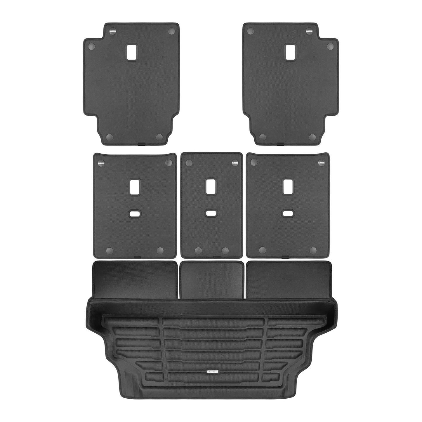 A set of black TuxMat trunk mats for Land Rover Defender 130 models.