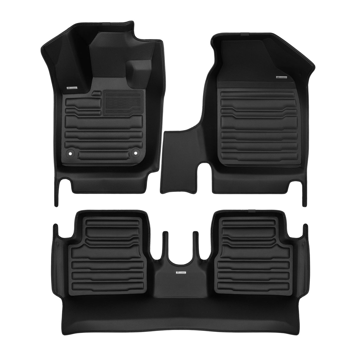 A set of black TuxMat car floor mats for Fiat 500e models.