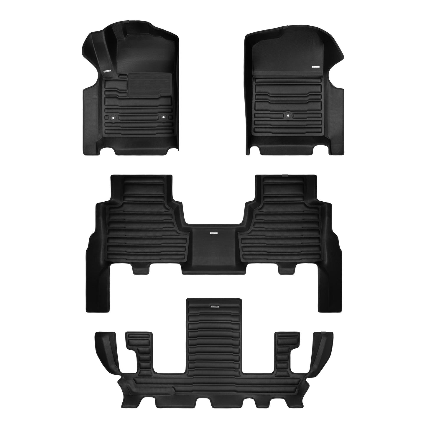 A set of black TuxMat car floor mats for Cadillac Escalade models.