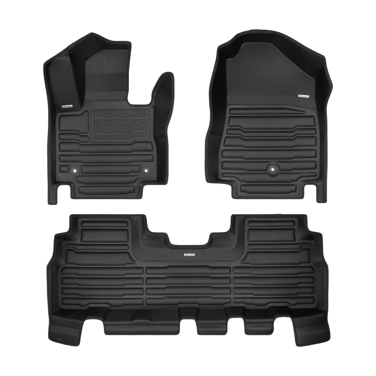 A set of black TuxMat car floor mats for Kia EV5 models.