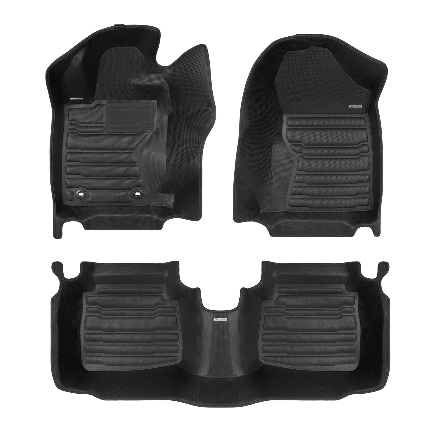 A set of black TuxMat car floor mats for Subaru Outback models.