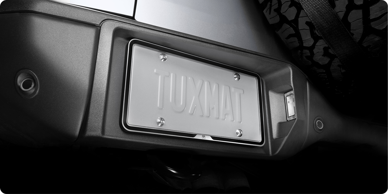 TuxMat license plate case on a vehicle