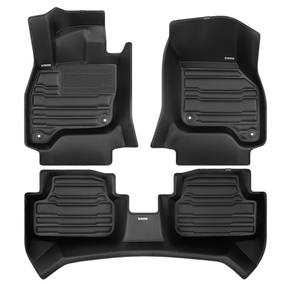 A set of black TuxMat car floor mats for Volkswagen e-Golf models.