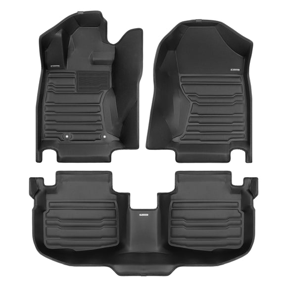 A set of black TuxMat car floor mats for Subaru Outback models.