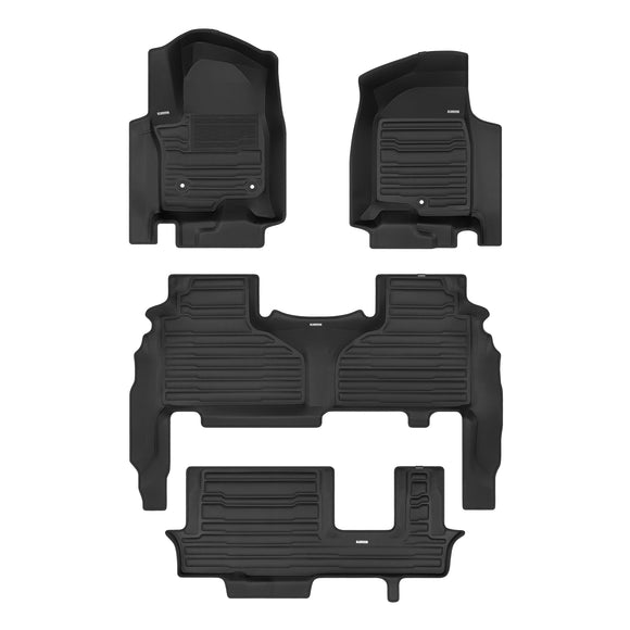 A set of black TuxMat car floor mats for Cadillac Escalade models.