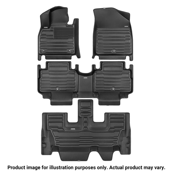 A set of black TuxMat car floor mats for Land Rover Defender models.