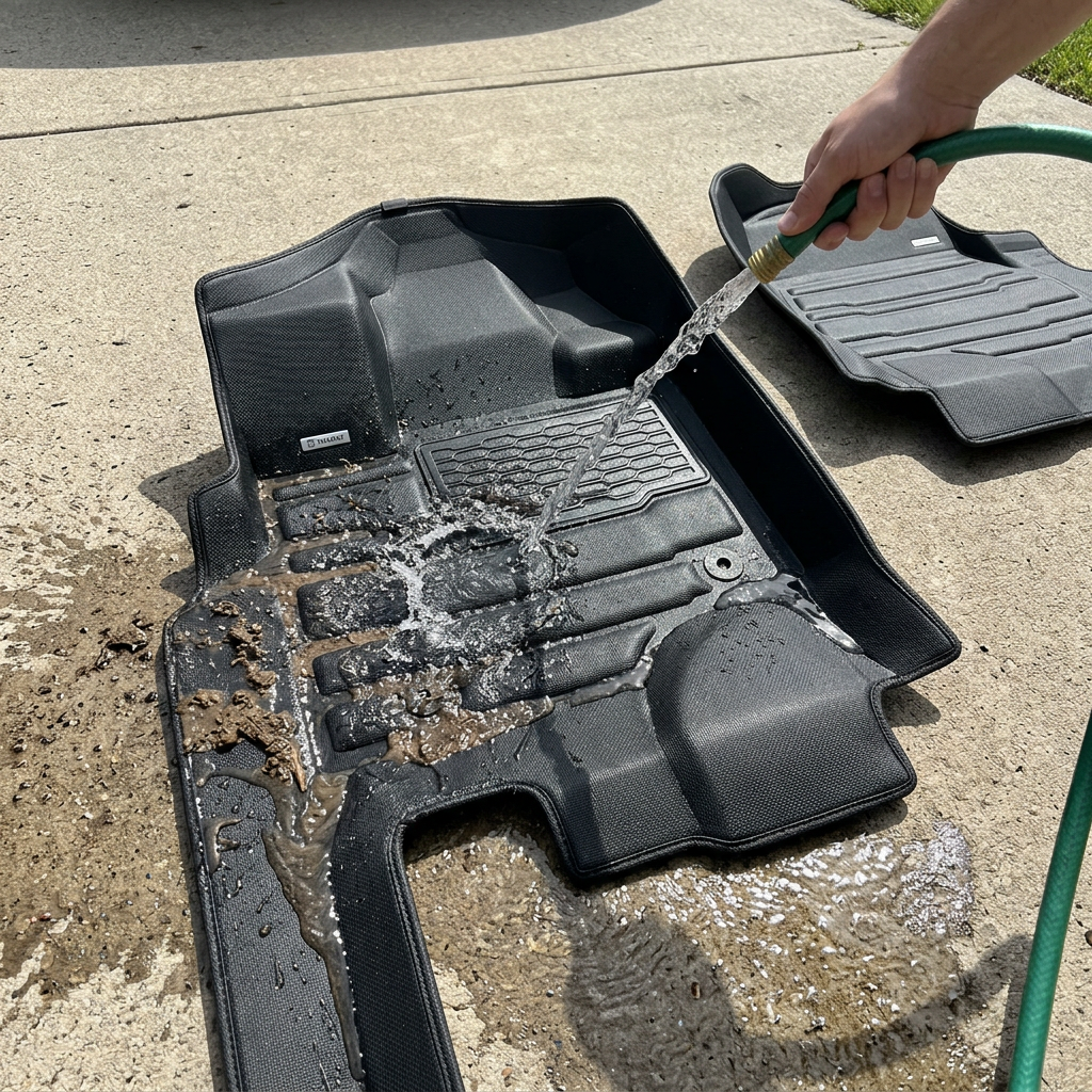 TuxMat floor liner being rinsed with garden hose on driveway washing away dirt easily